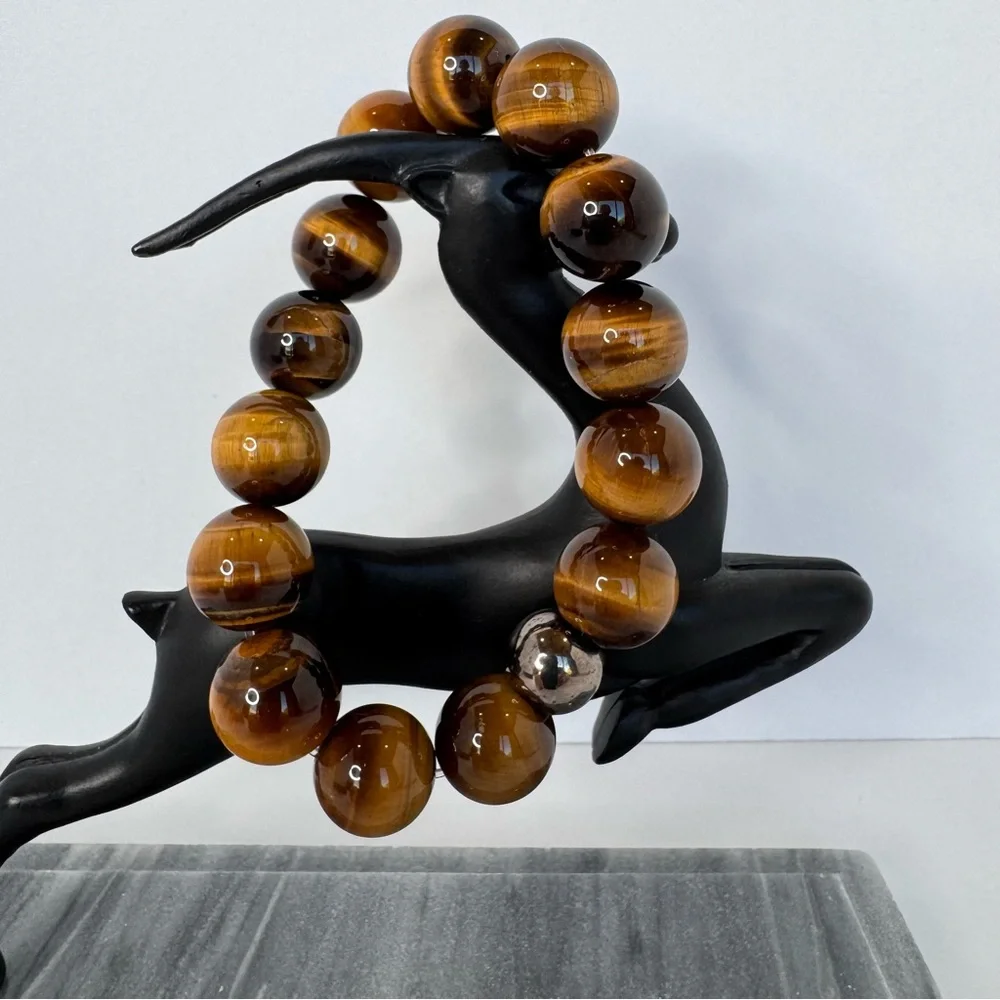 Hand Crafted Tiger Eye Gemstone Beaded Stretch Bracelet 6.75” 14mm NWT
